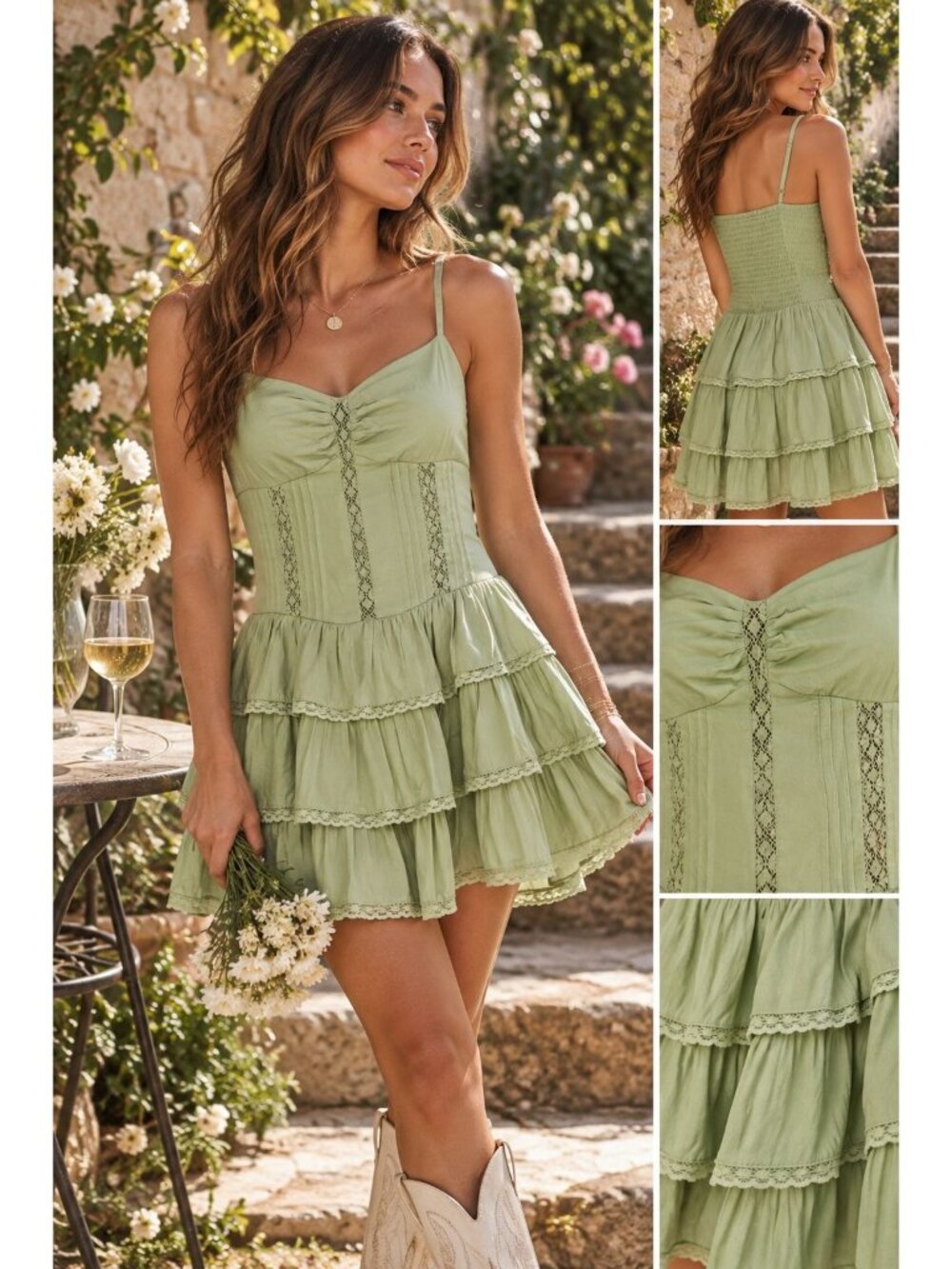 Cottagecore American Eagle Sage Green Fairy Tiered Mini Dress M